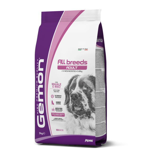 GEMON DOG ALL BREEDS ADULT PORK/RICE Kg.3 (Dry food)