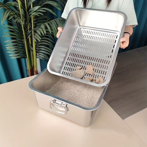 Cat Litter Box Stainless Steel Sandbox with Sifter Anti Splashing Bedpan 60*40*20 - 60*40*15 - Image 2