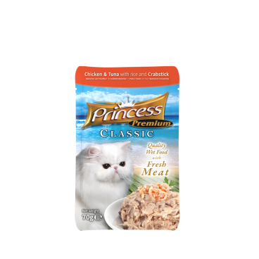 Princess Cat Classic Pouches – Chicken & Tuna with Rice & Crabstick 70g (Wet Food)