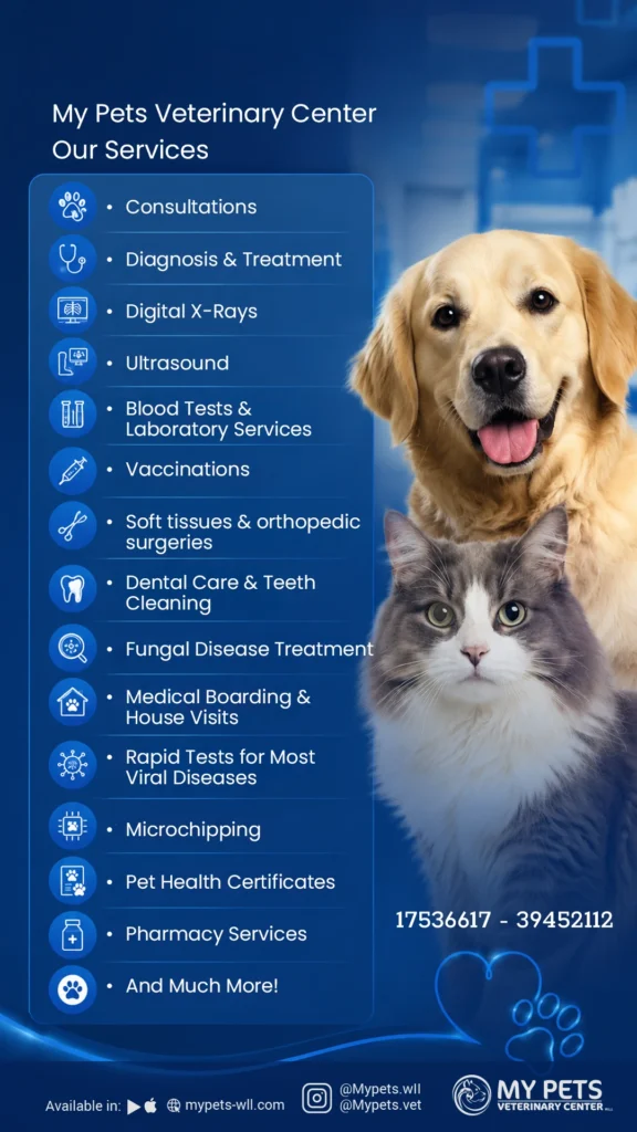 My Pets Mobile services for bath, haircut, nail trimming, ear cleaning and also veterinary services like check-ups, vaccinations, deworming, microchipping and basic treatments in English My pets Veterinary center provided these services consultation, diagnosis, treatment, digital x-ray, blood test and laboratory services, vaccinations, soft tissues, orthopedic surgeries, dental care, teeth cleaning, fungal disease, medical boarding, house visits, rapid test for viral diseases, microchipping, pet health certificates, pharmacy, services in English